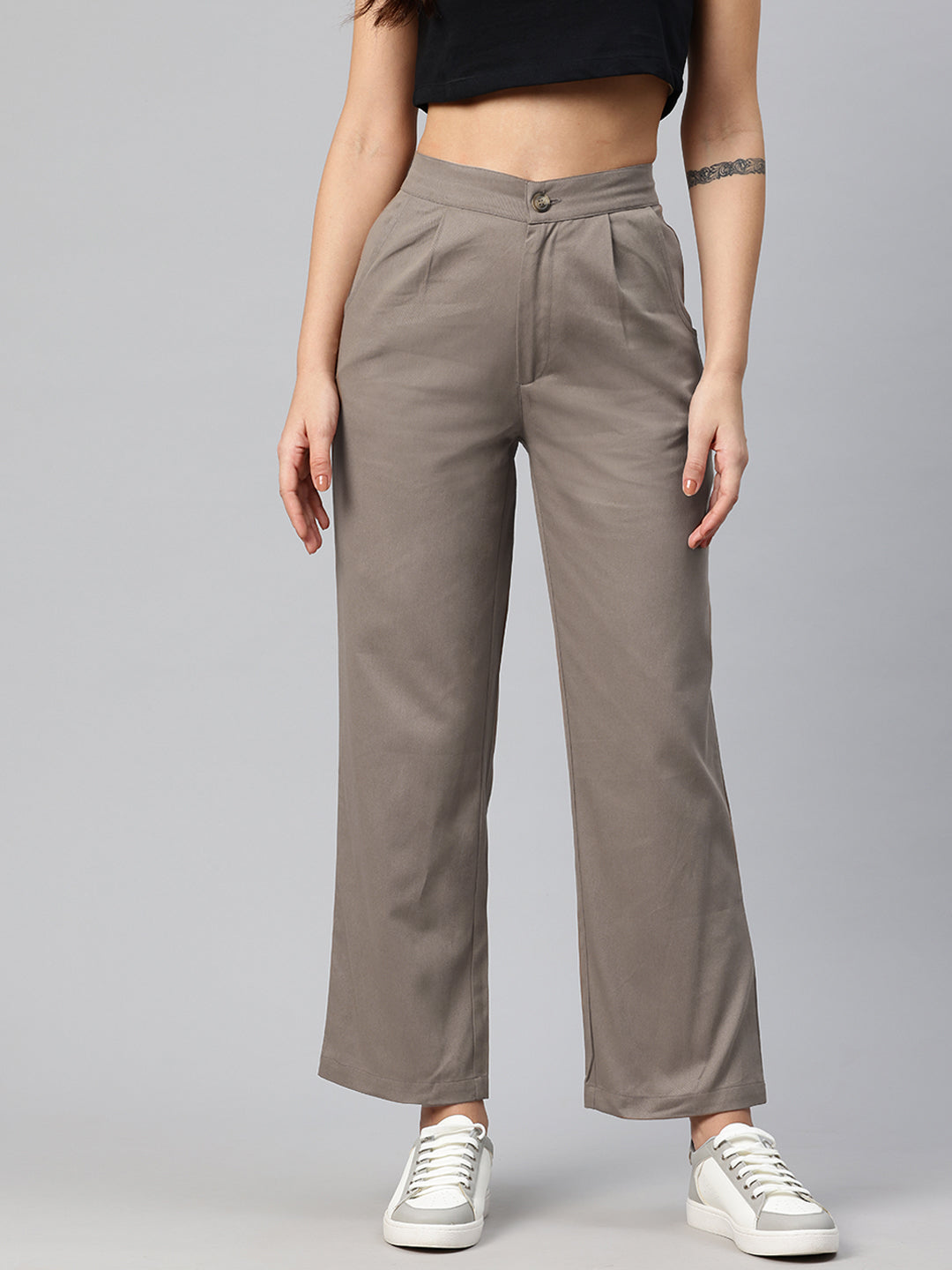 Popnetic High-Rise Pleated Pure Cotton Parallel Trousers