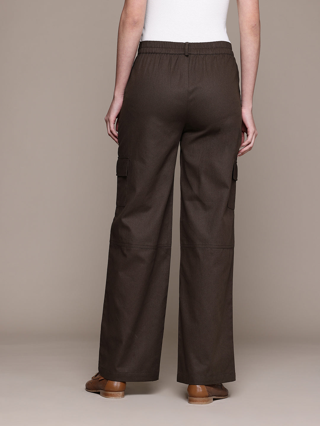 Popnetic Women High-Rise Pure Cotton Twill Weave Cargo-Style Wide Leg Trousers