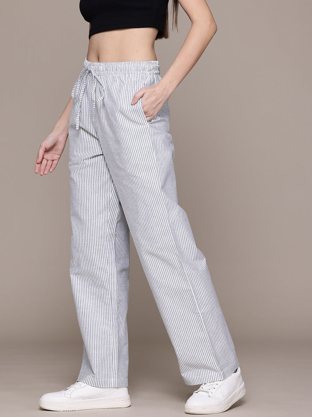 Popnetic Women Striped Smart High-Rise Cotton Linen Trousers