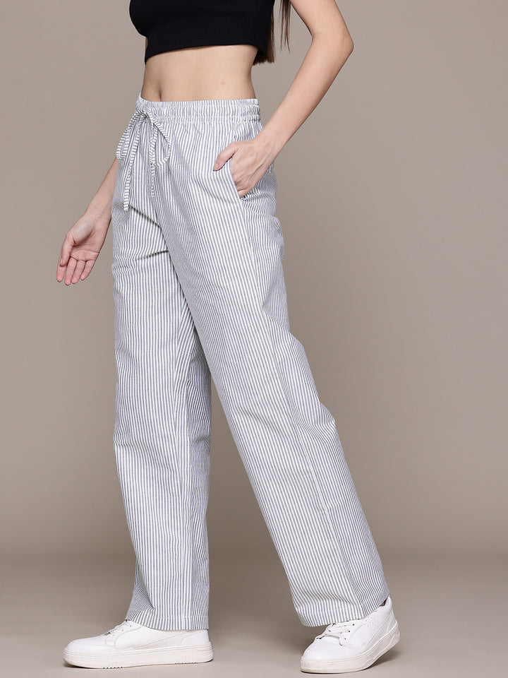 Popnetic Women Striped Smart High-Rise Cotton Linen Trousers