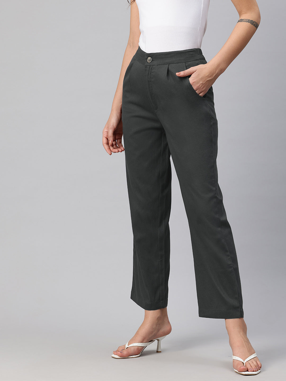 Popnetic High-Rise Pleated Pure Cotton Parallel Trousers
