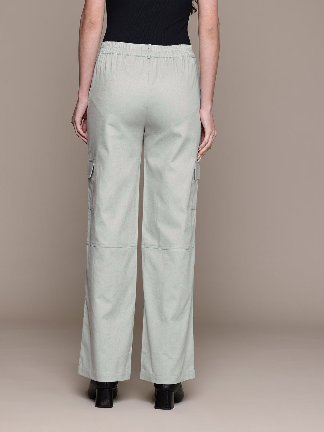 Popnetic Women High-Rise Pure Cotton Twill Weave Cargo-Style Wide Leg Trousers
