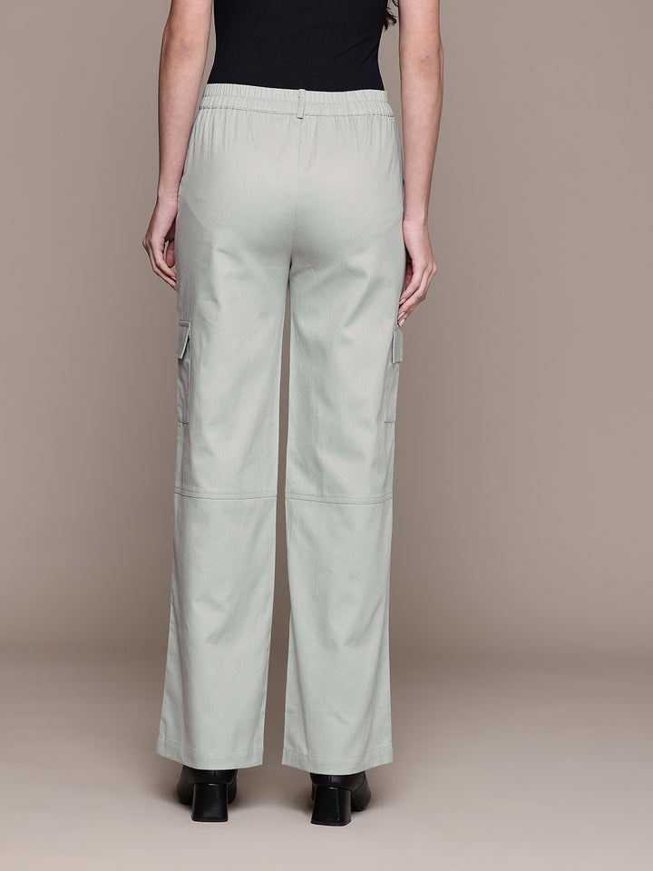 Popnetic Women High-Rise Pure Cotton Twill Weave Cargo-Style Wide Leg Trousers