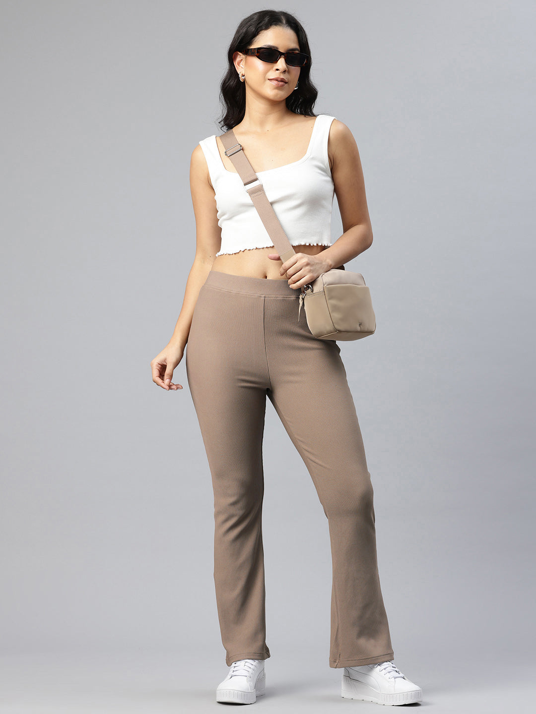 Popnetic Women Ribbed Flared High-Rise Trousers