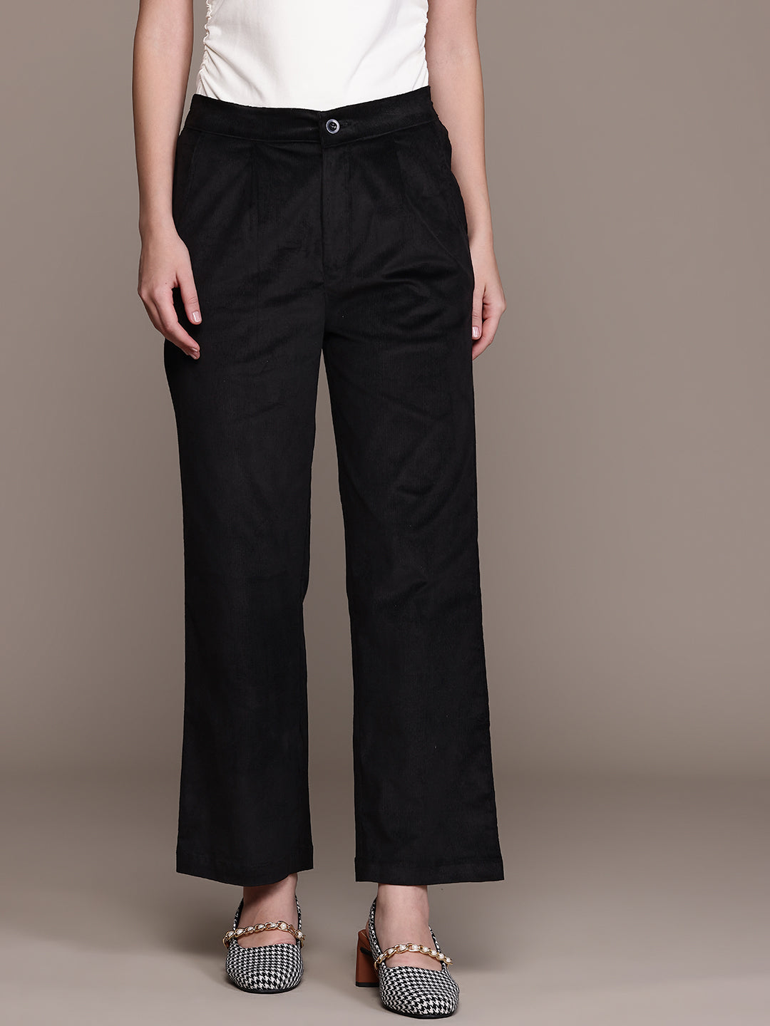 Popnetic Women Smart Straight Fit High-Rise Corduroy Pleated Trousers