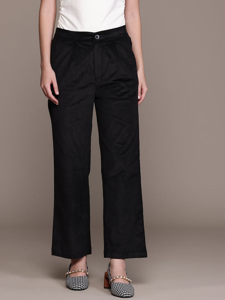 Popnetic Women Smart Straight Fit High-Rise Corduroy Pleated Trousers