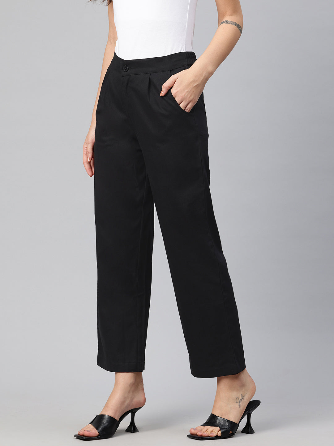 Popnetic High-Rise Pleated Pure Cotton Parallel Trousers