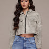 Popnetic Self-Checked Tweed Weave Pure Cotton Crop Tailored Jacket