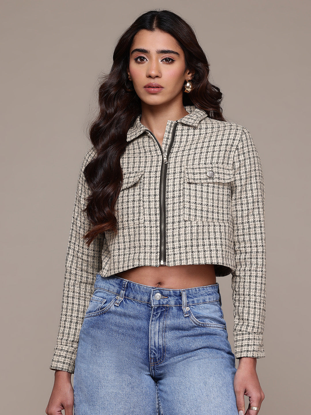 Popnetic Self-Checked Tweed Weave Pure Cotton Crop Tailored Jacket