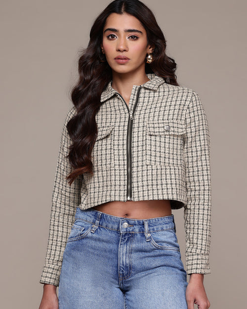 Popnetic Self-Checked Tweed Weave Pure Cotton Crop Tailored Jacket