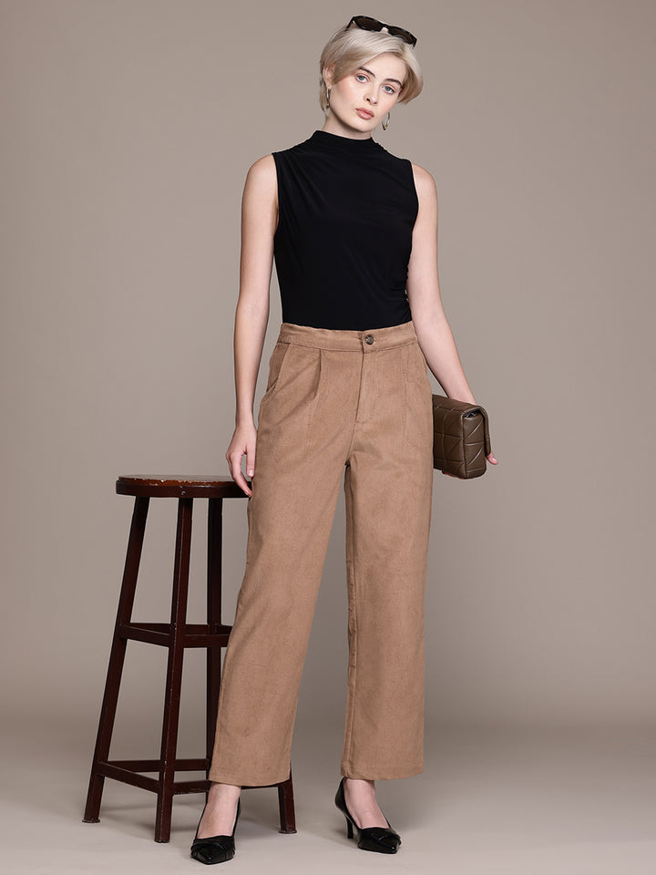 Popnetic Women Smart Straight Fit High-Rise Corduroy Pleated Trousers