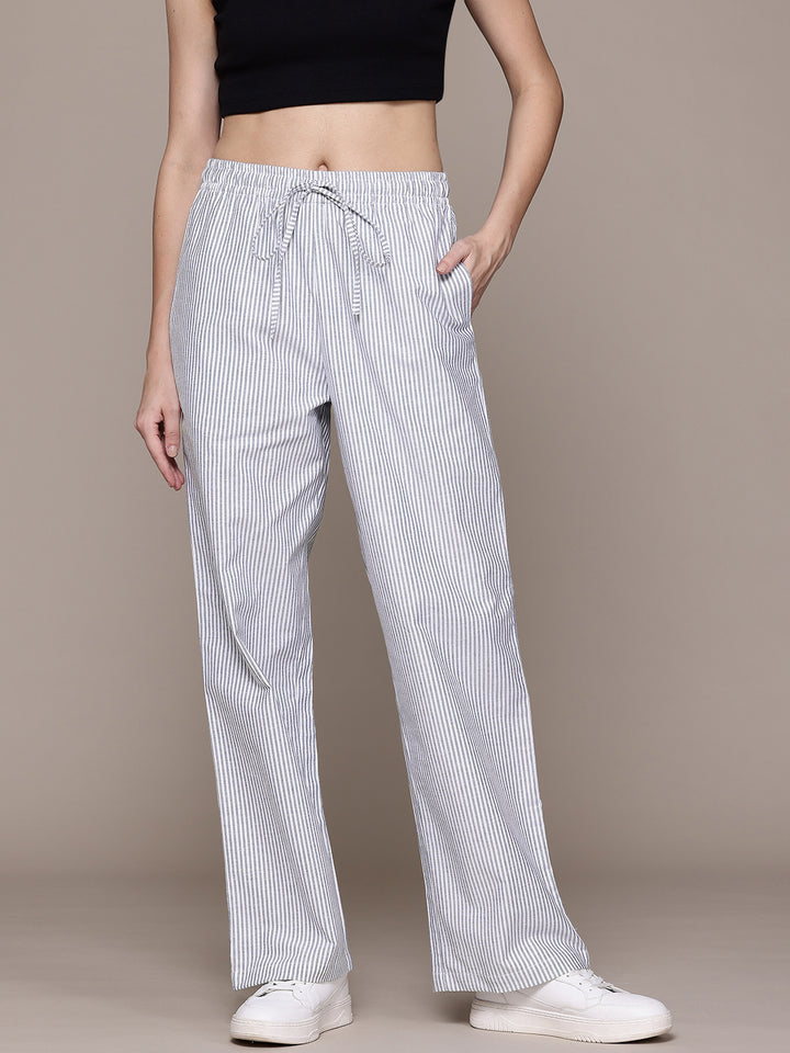 Popnetic Women Striped Smart High-Rise Cotton Linen Trousers