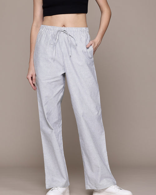 Popnetic Women Striped Smart High-Rise Cotton Linen Trousers