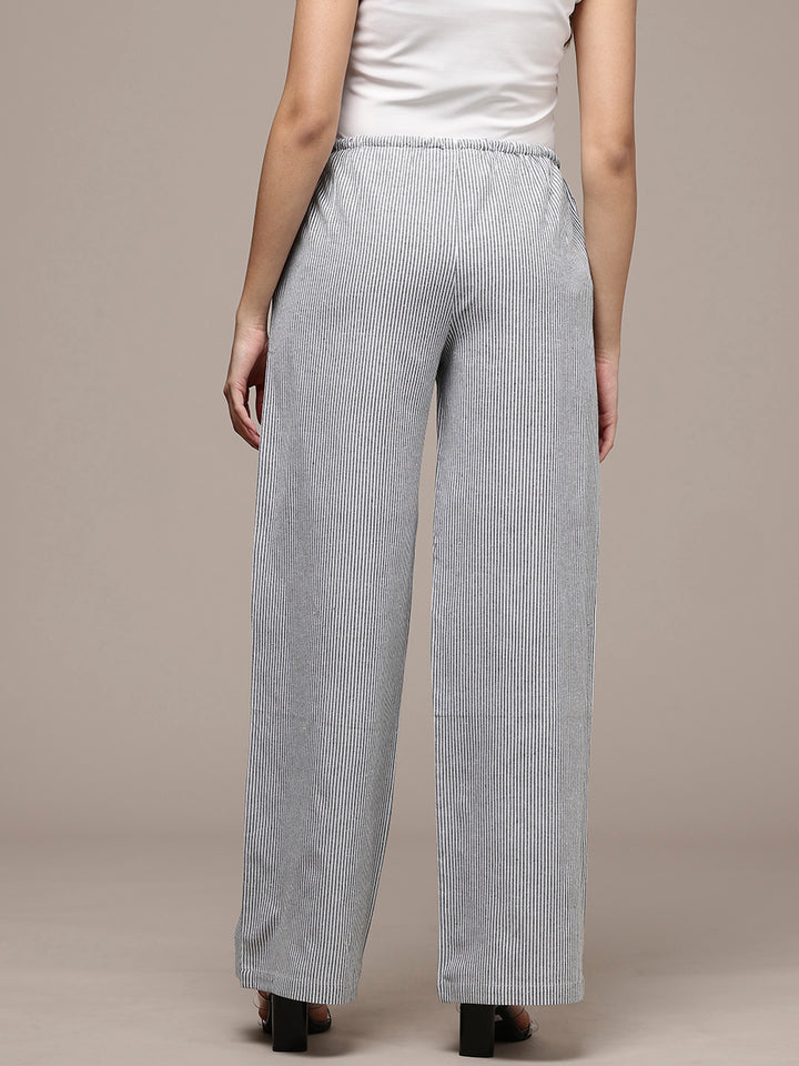 Popnetic Women Striped Cotton-Linen Wide Leg Trousers