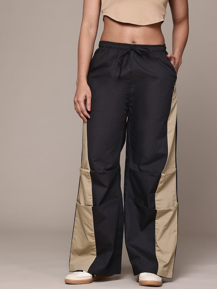 Popnetic Women Colourblocked High-Rise Pure Cotton Wide Leg Fit Parachute Trousers