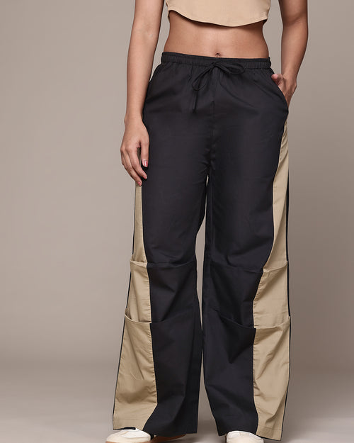 Popnetic Women Colourblocked High-Rise Pure Cotton Wide Leg Fit Parachute Trousers