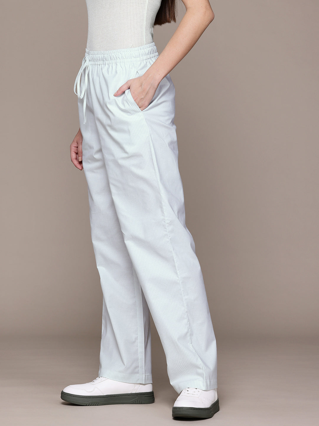 Popnetic Women Striped Smart High-Rise Cotton Linen Trousers