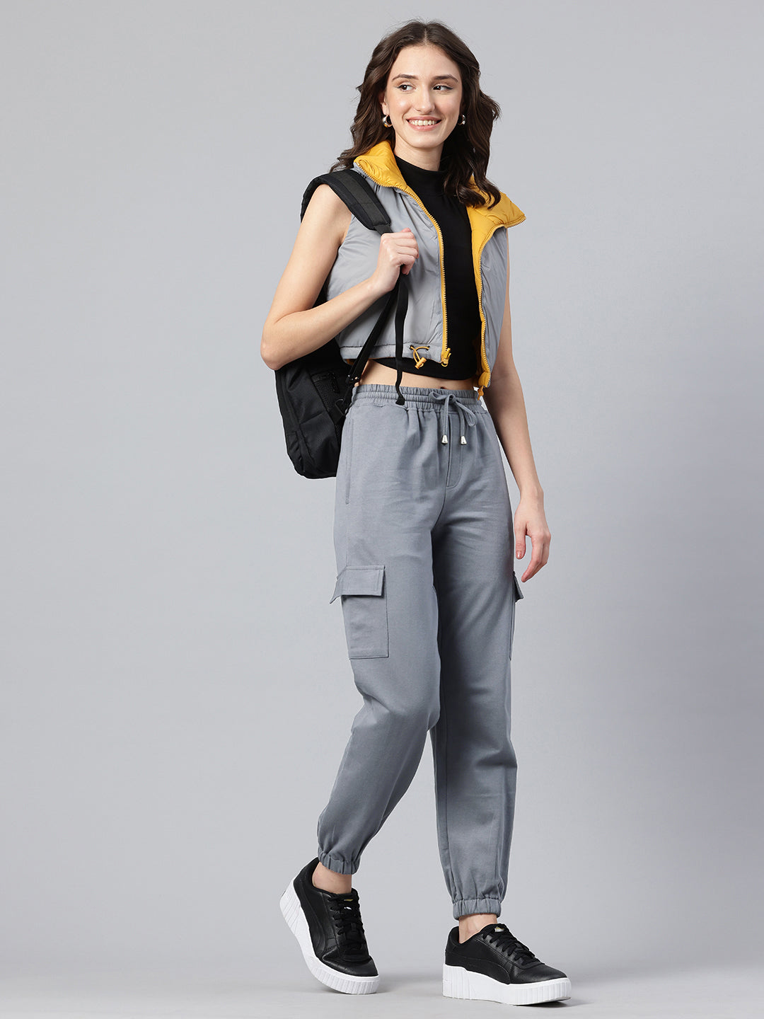 Popnetic Women Pure Cotton High-Rise Cargo Style Joggers Trousers