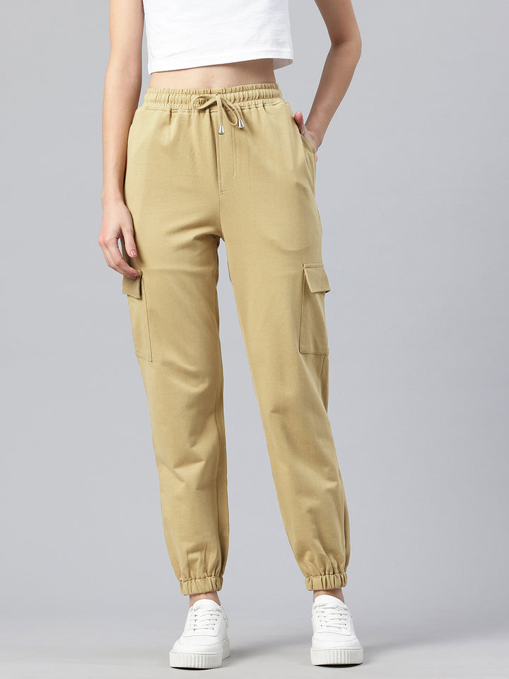 Popnetic Women Pure Cotton High-Rise Cargo Style Joggers Trousers