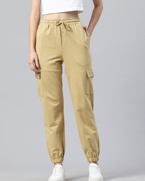 Popnetic Women Pure Cotton High-Rise Cargo Style Joggers Trousers