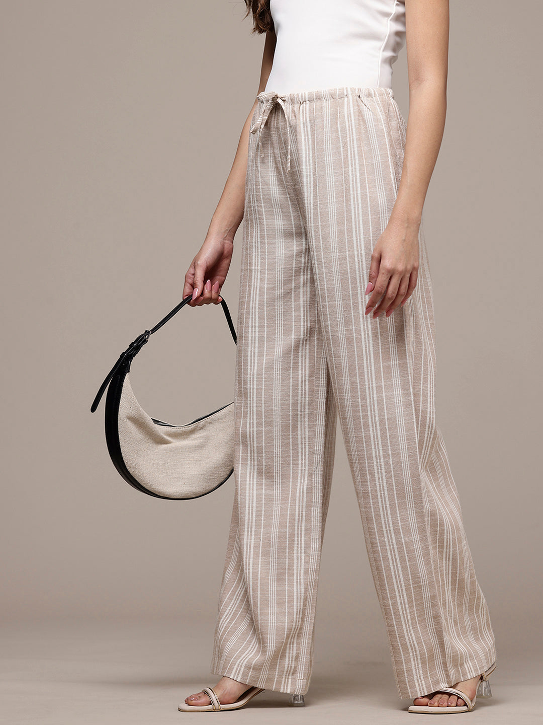 Popnetic Women Striped Cotton-Linen Wide Leg Trousers