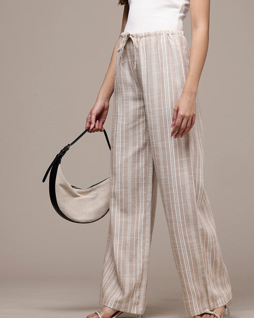 Popnetic Women Striped Cotton-Linen Wide Leg Trousers