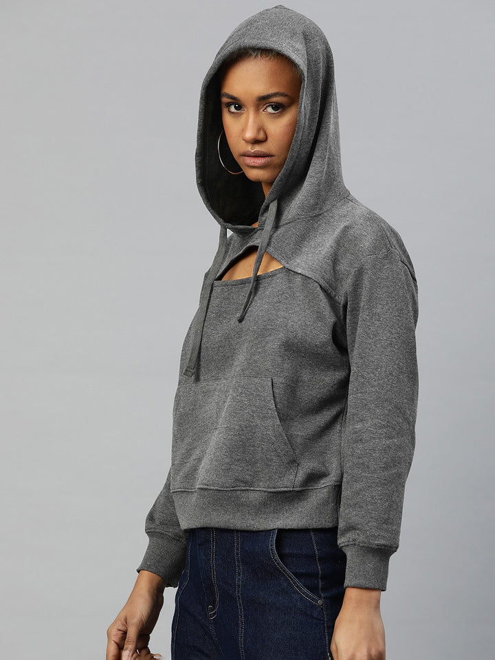 Popnetic Women Solid Cut-Out Detail Hooded Sweatshirt