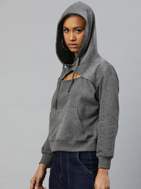 Popnetic Women Solid Cut-Out Detail Hooded Sweatshirt