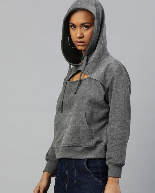 Popnetic Women Solid Cut-Out Detail Hooded Sweatshirt