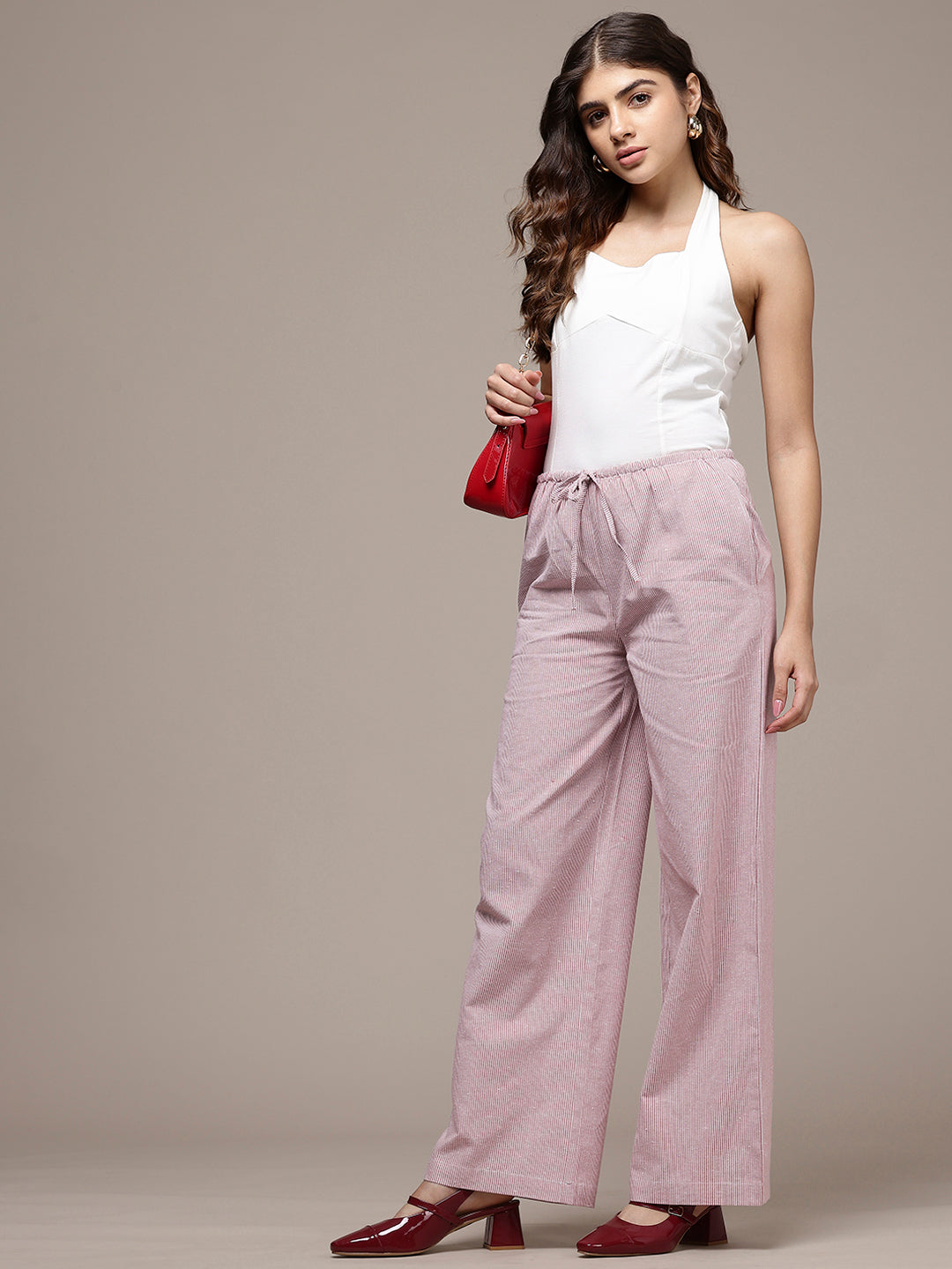 Popnetic Women Striped Cotton-Linen Wide Leg Trousers