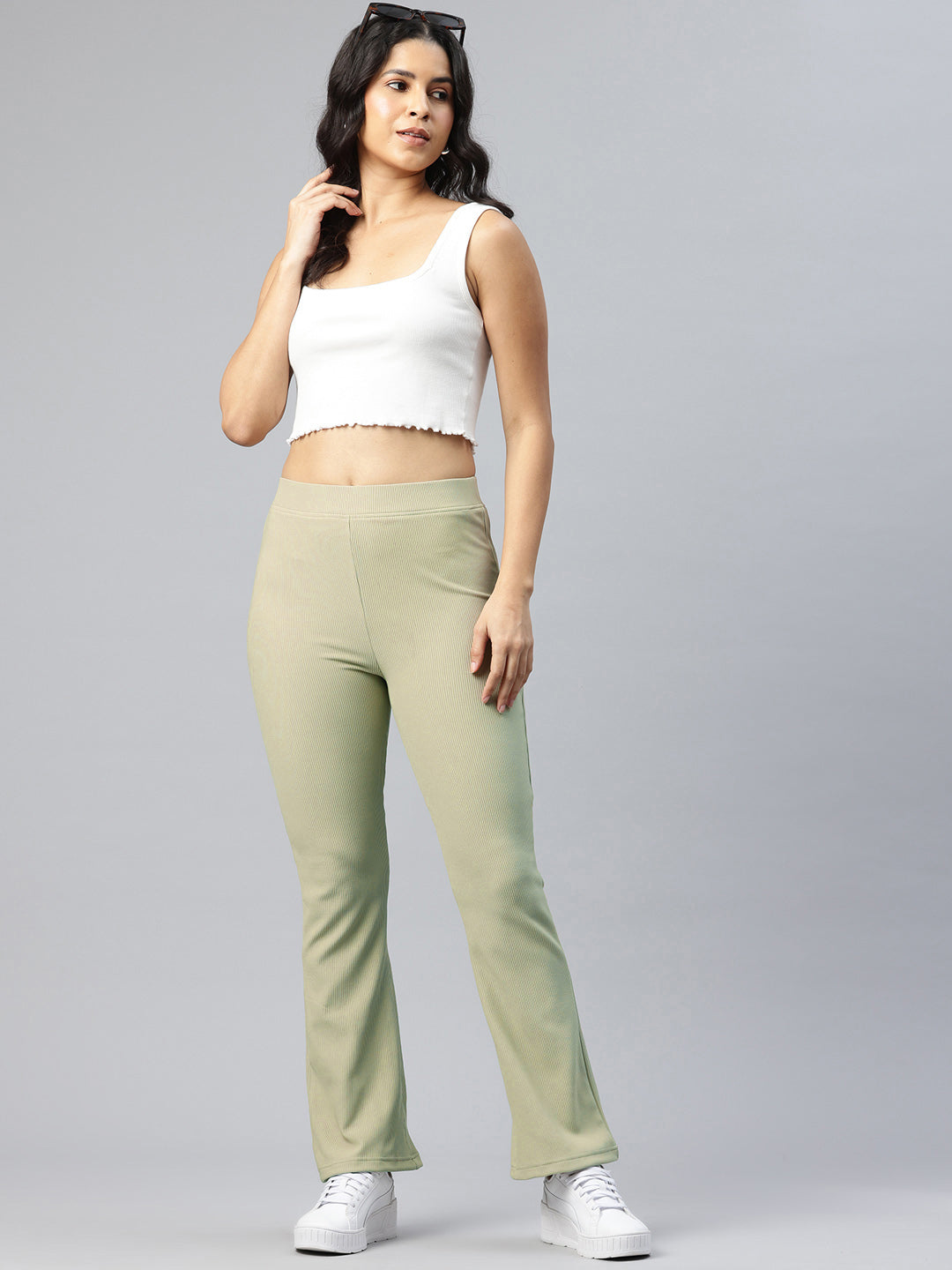 Popnetic Women Ribbed  Flared High-Rise Trousers