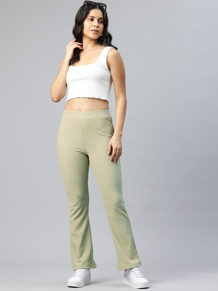 Popnetic Women Ribbed  Flared High-Rise Trousers