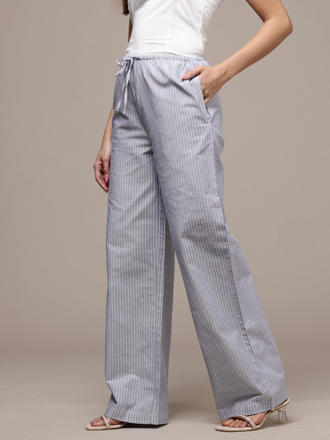 Popnetic Women Striped Cotton-Linen Wide Leg Trousers
