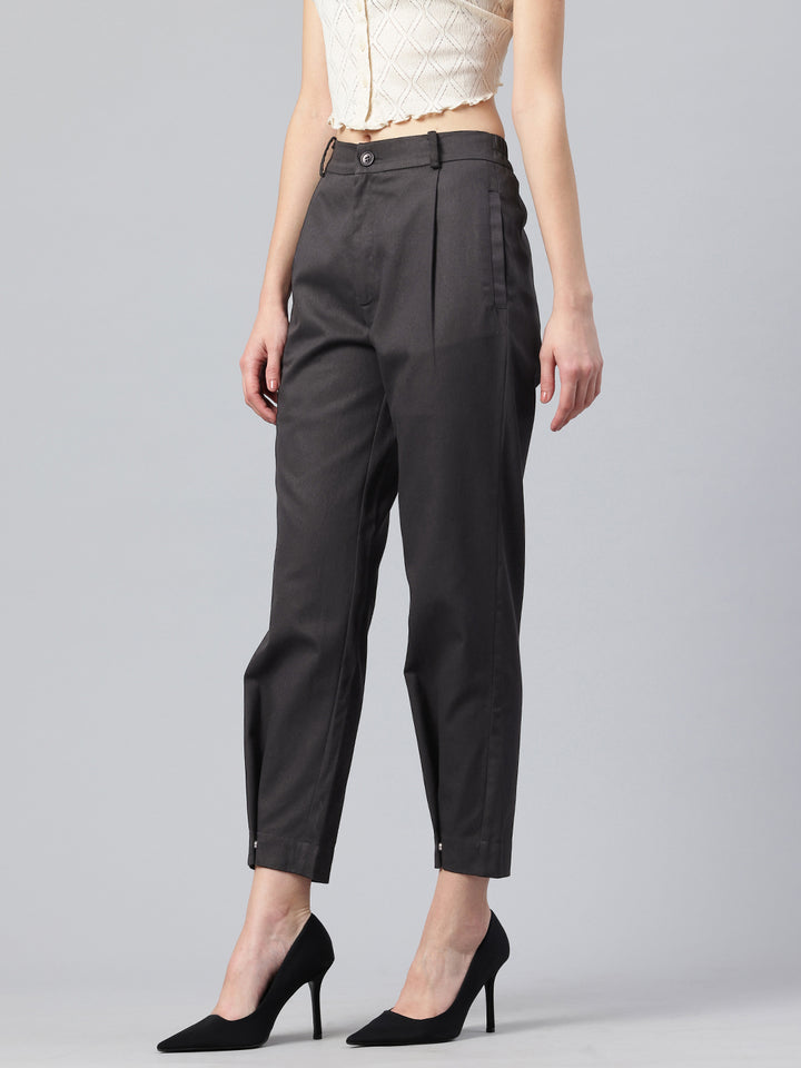 Popnetic Women Tapered Fit High-Rise Pleated Pure Cotton Chinos Trousers