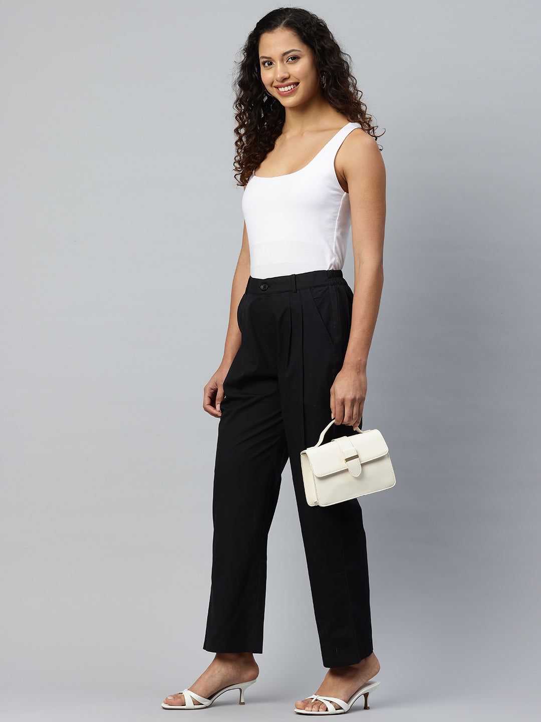 Popnetic Loose Fit High-Rise Pleated Pure Cotton Trousers