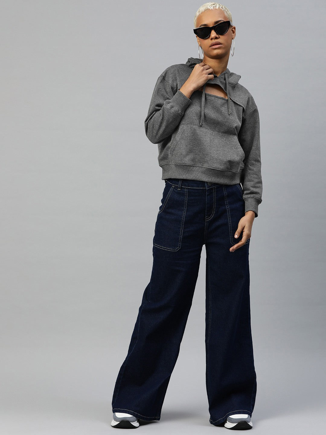 Popnetic Women Solid Cut-Out Detail Hooded Sweatshirt