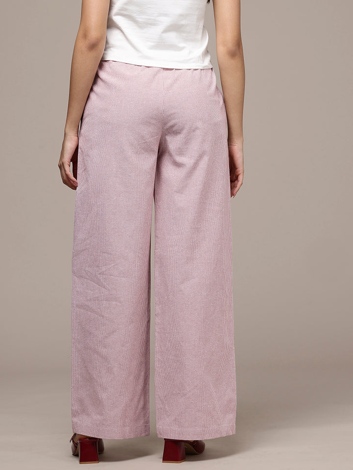Popnetic Women Striped Cotton-Linen Wide Leg Trousers