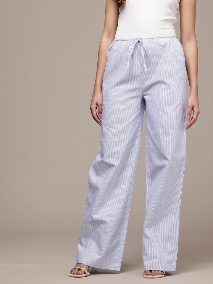 Popnetic Women Striped Cotton-Linen Wide Leg Trousers