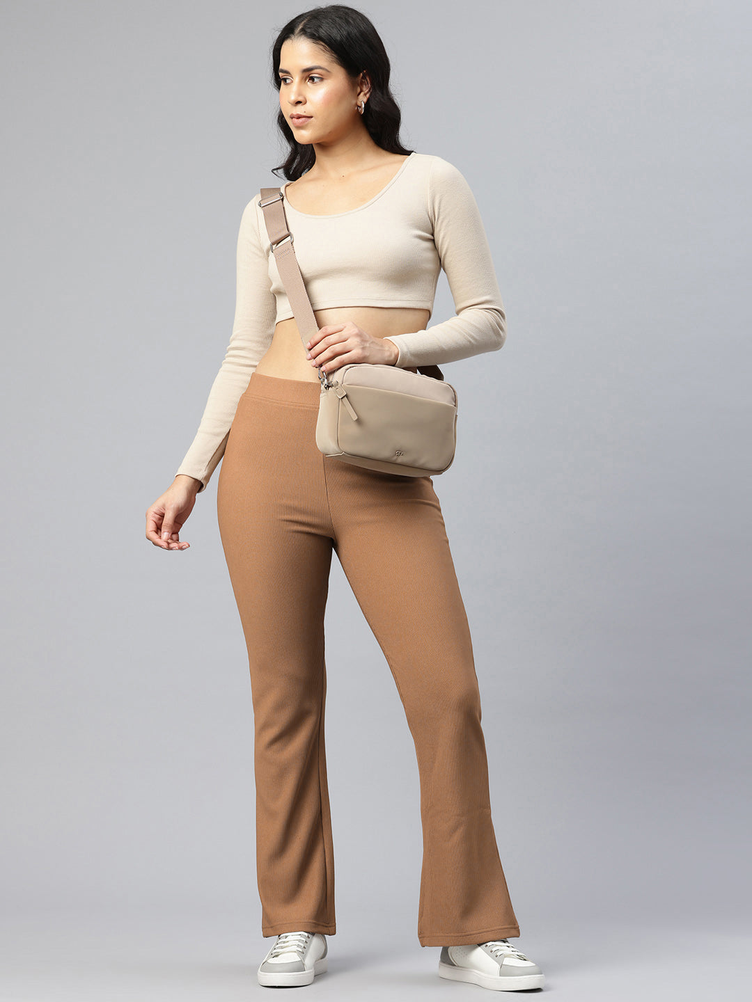 Popnetic Women Ribbed Flared High-Rise Trousers