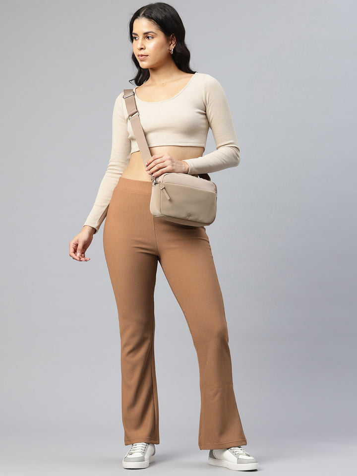 Popnetic Women Ribbed Flared High-Rise Trousers