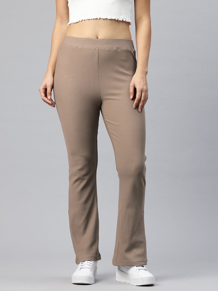Popnetic Women Ribbed Flared High-Rise Trousers