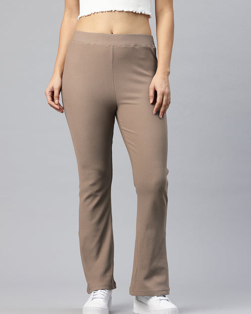 Popnetic Women Ribbed Flared High-Rise Trousers