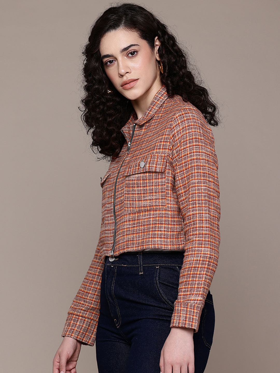 Popnetic Women Pure Cotton Checked Crop Tailored Jacket