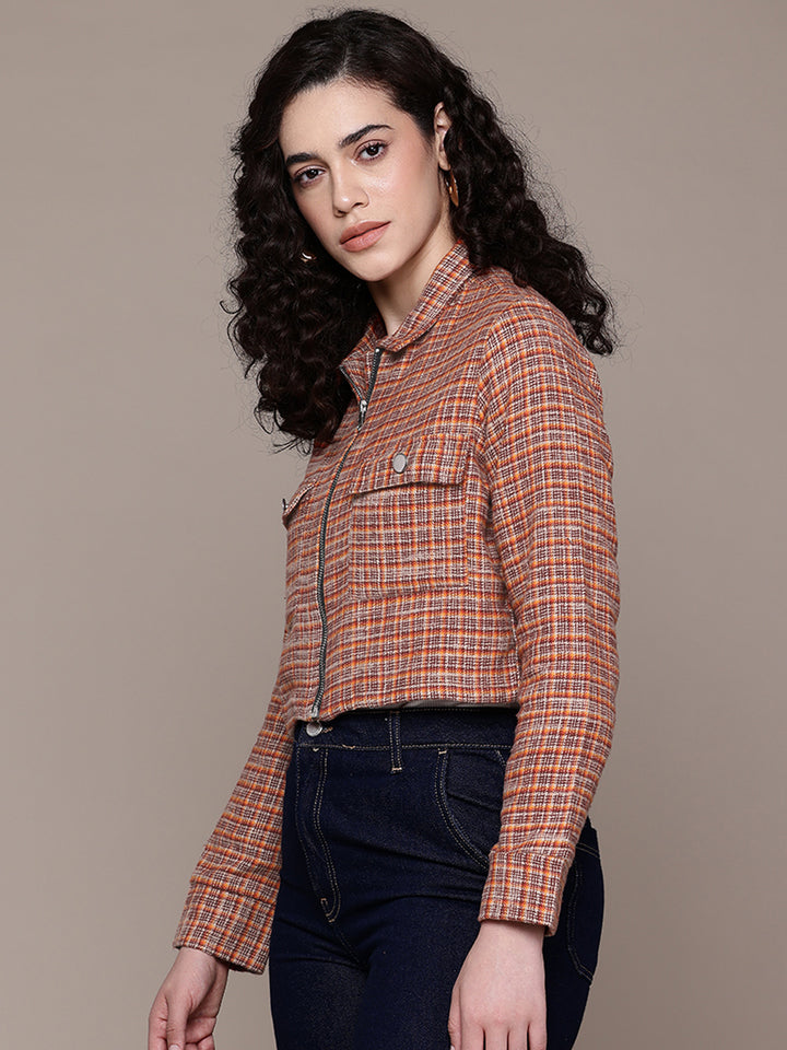 Popnetic Women Pure Cotton Checked Crop Tailored Jacket