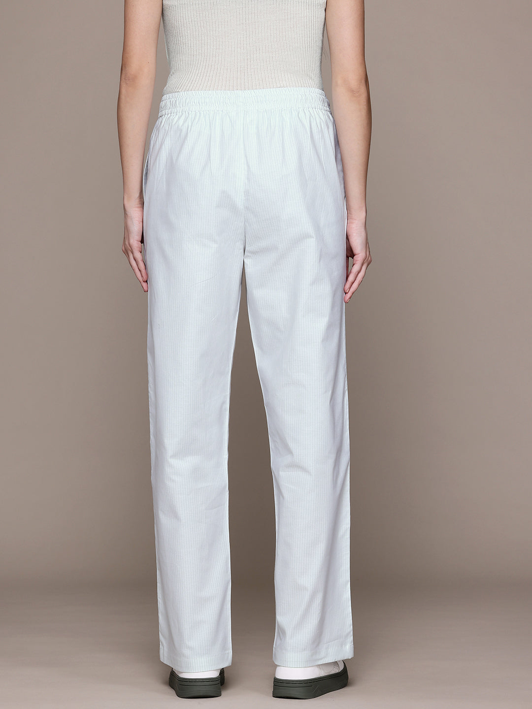 Popnetic Women Striped Smart High-Rise Cotton Linen Trousers
