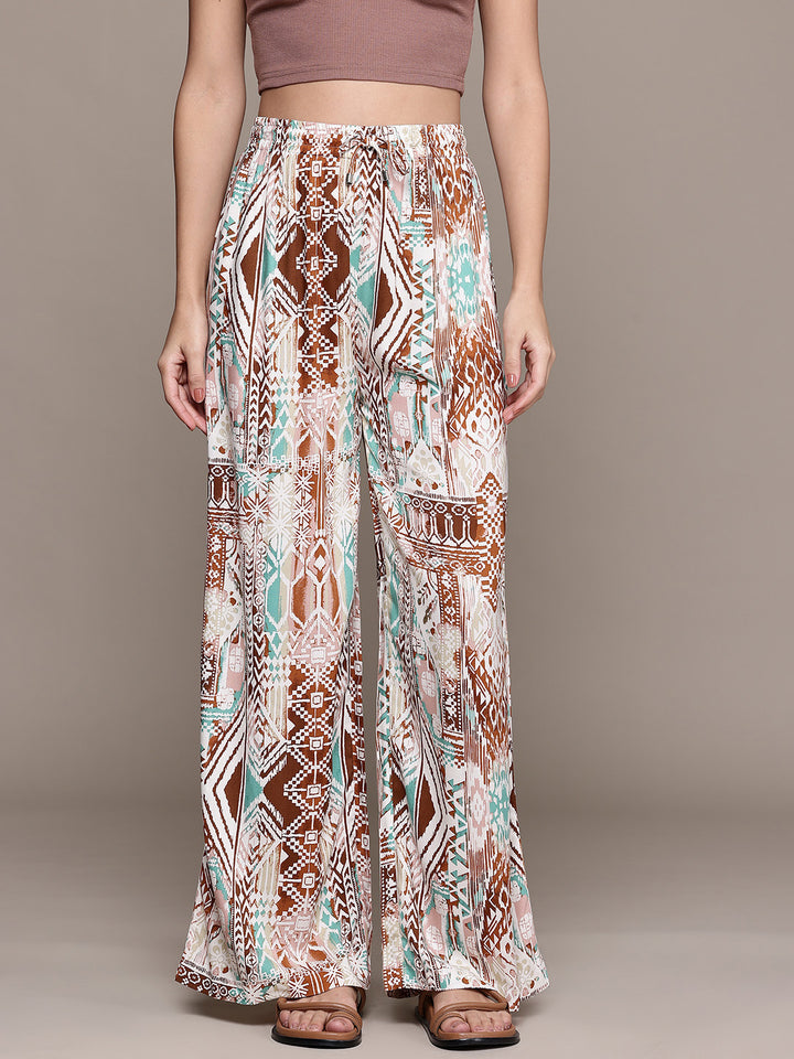 Popnetic Women Abstract Printed Relaxed Fit High-Rise Wide Leg Trousers