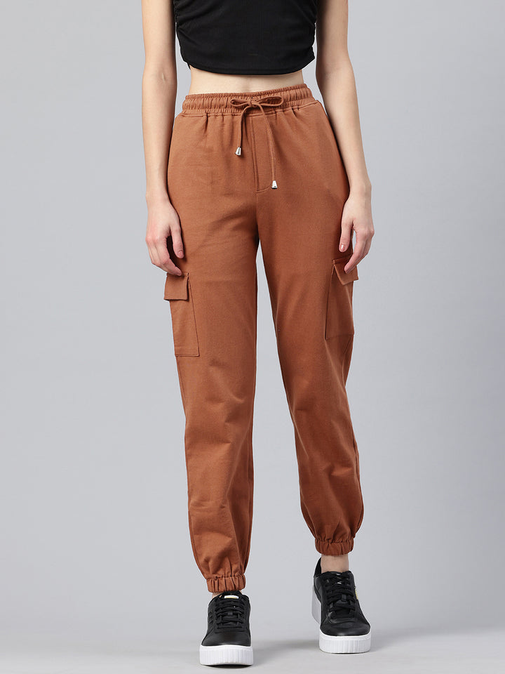 Popnetic Women Pure Cotton High-Rise Cargo Style Joggers Trousers