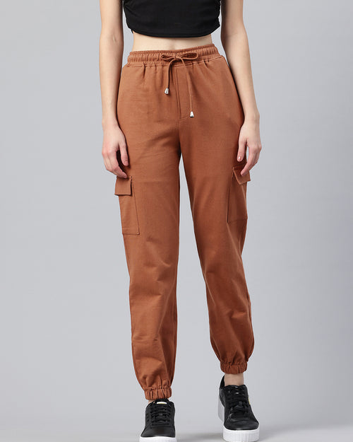 Popnetic Women Pure Cotton High-Rise Cargo Style Joggers Trousers
