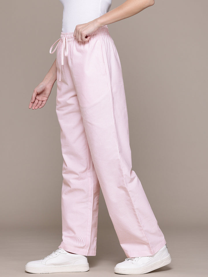 Popnetic Women Striped Smart High-Rise Cotton Linen Trousers