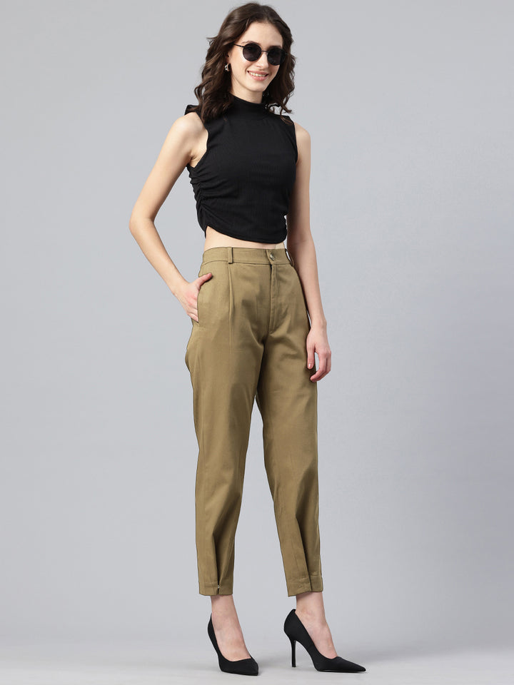 Popnetic Women Tapered Fit High-Rise Pleated Pure Cotton Chinos Trousers